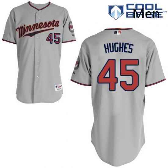 Mens Majestic Minnesota Twins 45 Phil Hughes Replica Grey Road Cool Base MLB Jersey